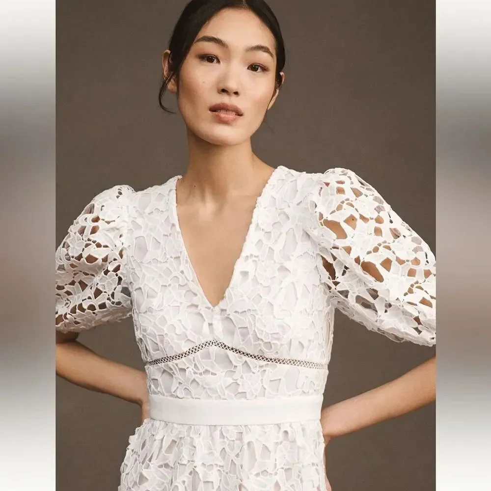 Anthropologie Endless Rose V-Neck Puff-Sleeve Lace Tiered Maxi Dress/ size XS